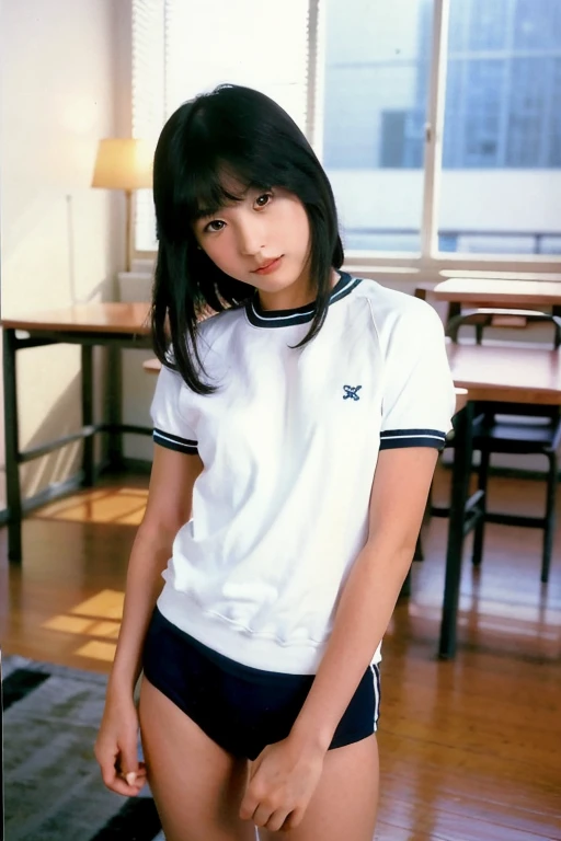 ,(8k, RAW photo, best quality, masterpiece:1.2), (realistic, photo-realistic:1.4), (extremely detailed 8k wallpaper), Japanese pretty woman in school. blue buruma, black hair, standing, seikomatsuda,