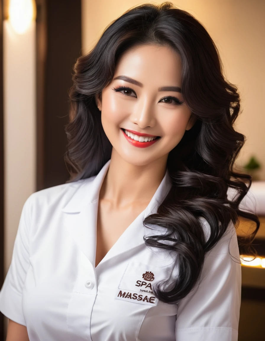 1 woman, oriental movies, masseur, (25 years old), smokey eye makeup, long wavy black hair, bright smile, white uniform, professional spa attire, massage one&#39;s hands skillfully, Eyes focused on work, spa settings, essential oil, comfortable atmosphere, Close up shot of hands working on shoulder, Serene indoor spa environment, soft ambient lighting, high quality, natural material, wooden massage table, quiet, Wide angle shot showing a peaceful spa room, calm sound of water, soft sunlight coming through the window, realistic, Calm atmosphere, hotel room,