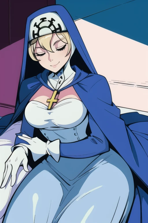 Double, short blonde hair, medium breasts, solo, smiling, cowboy shot, closed eyes, 
 blue habit, cross necklace ,white gloves, long sleeves, nun, long skirt
(insanely detailed, beautiful detailed face,beautiful detailed eyes, masterpiece, best quality) room, bedroom, lying down, sexy pose, cloak, cape