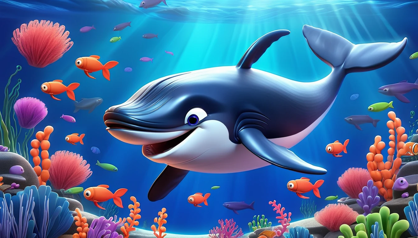 Create a 3-D Pixar style art scene for kids featuring a whale eating krill with lots of tiny shrimp-like creatures around it. The scene should be colorful and vibrant, with an ocean background, coral reefs, and schools of fish. The overall mood should be engaging and inviting for young children.