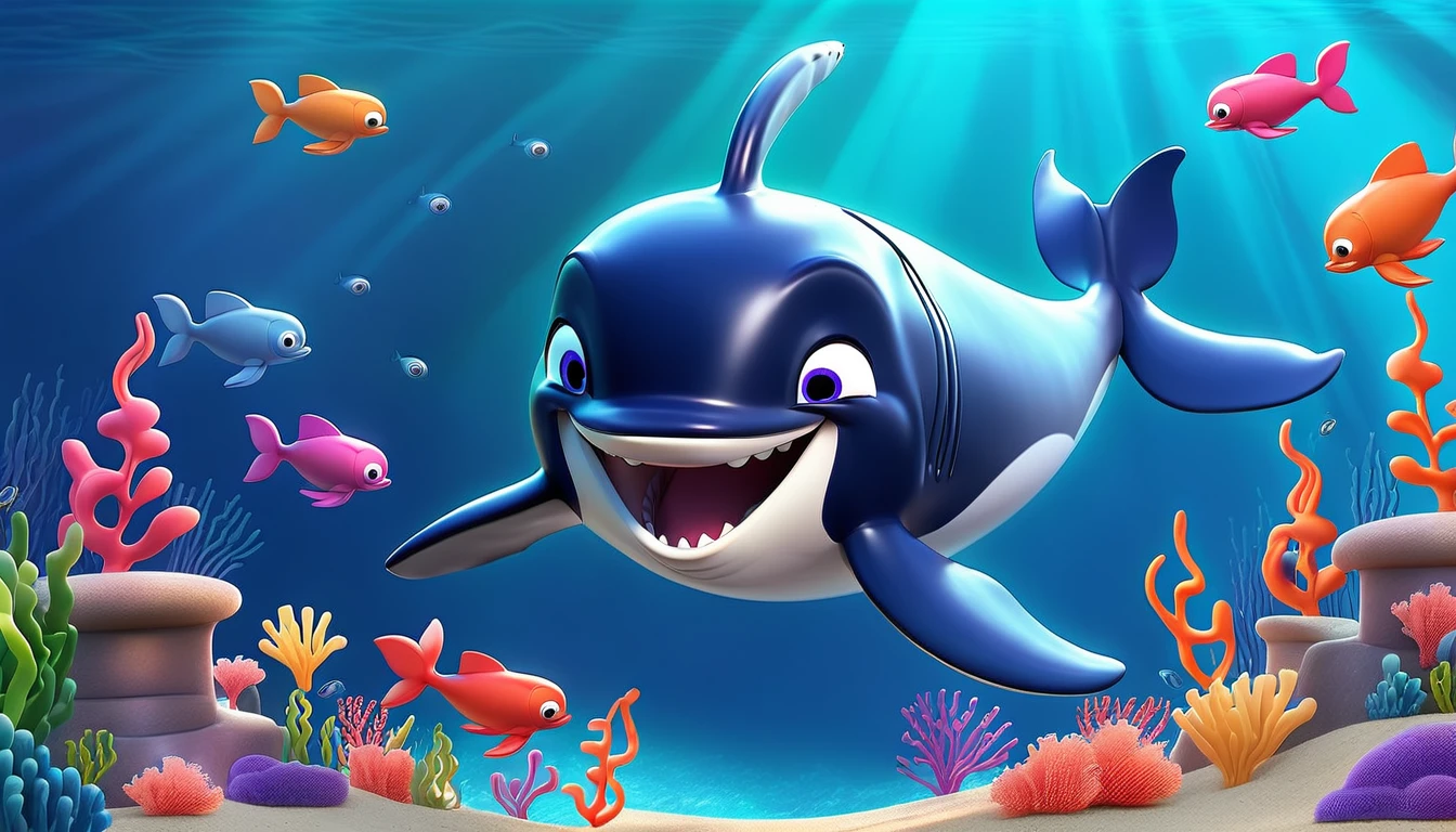 Create a 3-D Pixar style art scene for kids featuring a whale eating krill with lots of tiny shrimp-like creatures around it. The scene should be colorful and vibrant, with an ocean background, coral reefs, and schools of fish. The overall mood should be engaging and inviting for young children.