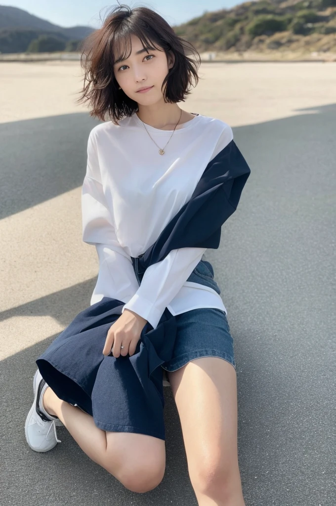 You are a professional photographer。 , short hair blown by the wind. She has a faint smile , Perfect Eyes, Perfect hands, Perfect body, Perfect Hair, Accurate身体, masterpiece, Accurate, Anatomically correct, Rough skin, Very detailed, Advanced Details, high quality, 最high quality, High resolution, 16K, 8K, Looking into the camera,Leg spread