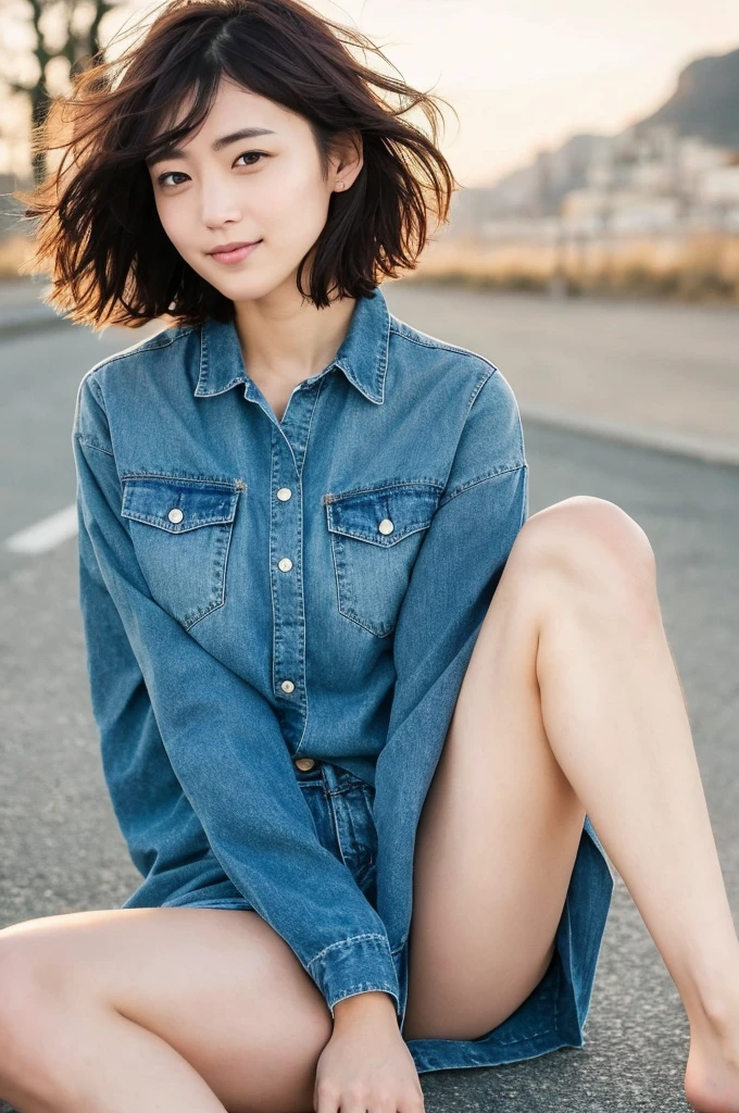 You are a professional photographer。 , short hair blown by the wind. She has a faint smile , Perfect Eyes, Perfect hands, Perfect body, Perfect Hair, Accurate身体, masterpiece, Accurate, Anatomically correct, Rough skin, Very detailed, Advanced Details, high quality, 最high quality, High resolution, 16K, 8K, Looking into the camera,Leg spread
