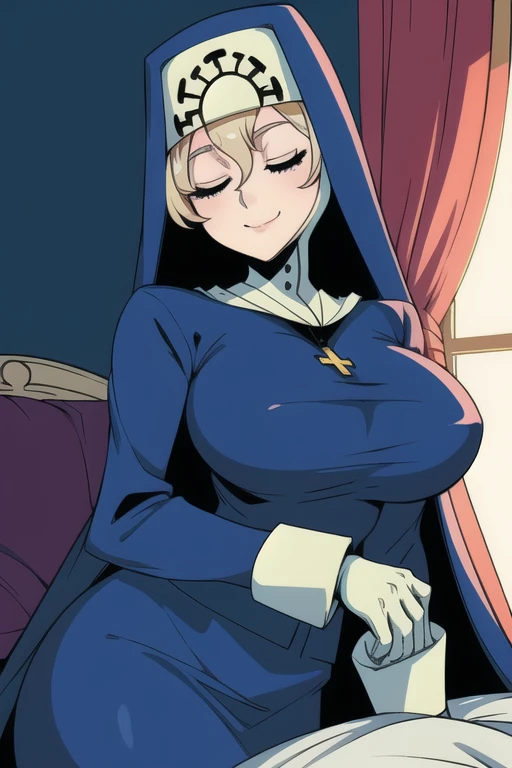 Double, short blonde hair, medium breasts, solo, smiling, cowboy shot, closed eyes,
blue habit, cross necklace ,white gloves, long sleeves, nun, long skirt
(insanely detailed, beautiful detailed face,beautiful detailed eyes, masterpiece, best quality) room, bedroom, laying back, sexy pose, cloak, cape
