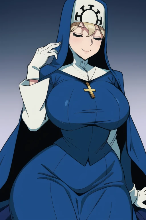 Double, short blonde hair, medium breasts, solo, smiling, cowboy shot, closed eyes,
blue habit, cross necklace ,white gloves, long sleeves, nun, long skirt
(insanely detailed, beautiful detailed face,beautiful detailed eyes, masterpiece, best quality) room, bedroom, laying back, sexy pose, cloak, cape