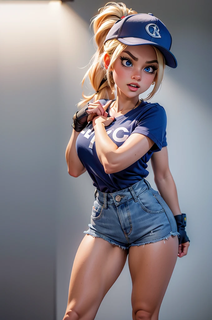 (masterpiece), best quality, expressive eyes, perfect face, highres, (8k), (perfect face), (ultra details), 1 girl, solo, terry bogard girl, blonde hair, ponytail, blue eyes, long hair, baseball cap, fingerless gloves, denim shorts, shoes, hands on own chest
, blushing, frightened, anguished, open-mouthed, room background, no posing, standing, portrait, looking down