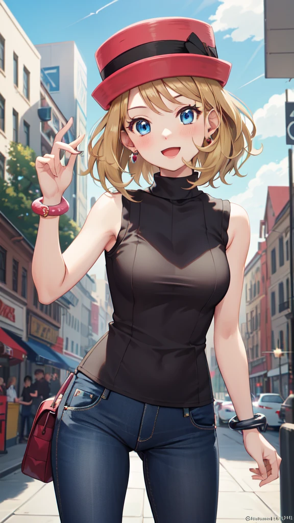 gonzarez, masterpiece, Serenaj, 1girl, grey headwear, solo, jewelry, thighhighs , jeans, smile, pink sweater vest, blonde hair, , blue eyes, sleeveless, open mouth, eyelashes, pink vest, blush, breasts, medium hair, bracelet, looking at viewer, outdoors, pink black thighhighs, white brown thighhighs, sky, day, sparkle, light, black jeans , pink vest, park , cowboy shot,  