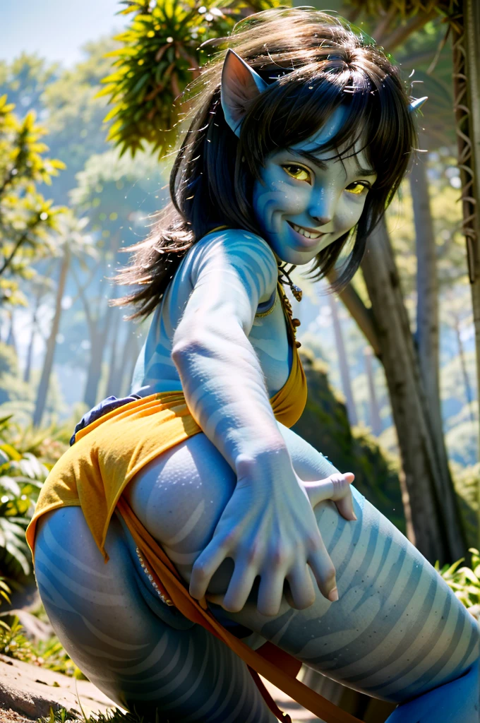 ((Super detailed, masterpiece, Absurd))
 ,One girl, Blue Skin, Yellow Eyes, Black Hair, Medium Hair, whole body,Mature Body, Huge round breasts, Loincloth, in the forest, smile,Healthy thighs,Push up your ass