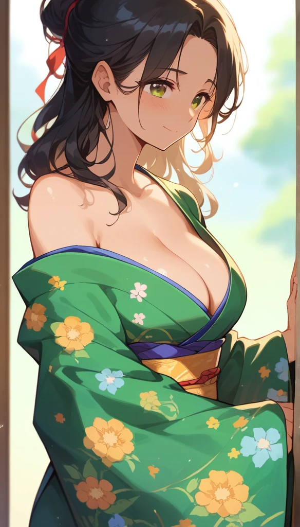 (score_9,score_8_up,score_7_up,score_6_up),masterpiece,best quality, source anime, rating_explicit, (((masterpiece))), (((best quality))), ((ultra-detailed)), ((illustration)), (1girl), (beautiful Japanese woman), (long black hair), (brown eyes), (simple background), (wearing traditional kimono), (detailed face), (perfect anatomy), (detailed light and shadow), (lighting forward), (serene expression), (minimalist style),(cleavage:1.1),((shy smile)), (eyeshadow:0.8), digital collaring, Weller Hokusai, Hokusai style,(Sun glare;1.1), Bokeh, Depth of written boundary, Blurred Background, Particles of light, Strong winds