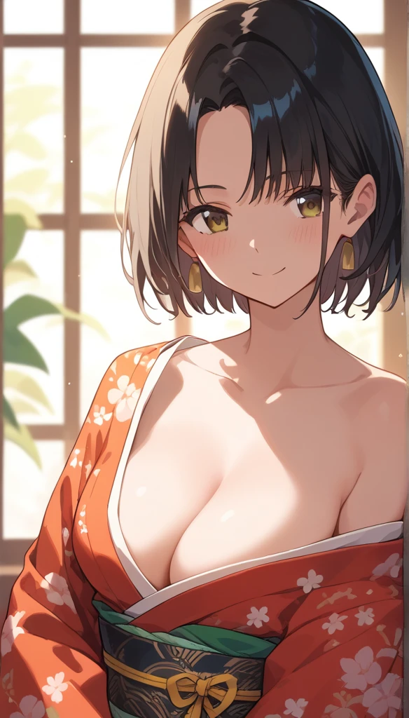 (score_9,score_8_up,score_7_up,score_6_up),masterpiece,best quality, source anime, rating_explicit, (((masterpiece))), (((best quality))), ((ultra-detailed)), ((illustration)), (1girl), (beautiful Japanese woman), (long black hair), (brown eyes), (simple background), (wearing traditional kimono), (detailed face), (perfect anatomy), (detailed light and shadow), (lighting forward), (serene expression), (minimalist style),(cleavage:1.1),((shy smile)), (eyeshadow:0.8), digital collaring, Weller Hokusai, Hokusai style,(Sun glare;1.1), Bokeh, Depth of written boundary, Blurred Background, Particles of light, Strong winds