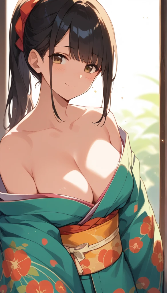 (score_9,score_8_up,score_7_up,score_6_up),masterpiece,best quality, source anime, rating_explicit, (((masterpiece))), (((best quality))), ((ultra-detailed)), ((illustration)), (1girl), (beautiful Japanese woman), (long black hair), (brown eyes), (simple background), (wearing traditional kimono), (detailed face), (perfect anatomy), (detailed light and shadow), (lighting forward), (serene expression), (minimalist style),(cleavage:1.1),((shy smile)), (eyeshadow:0.8), digital collaring, Weller Hokusai, Hokusai style,(Sun glare;1.1), Bokeh, Depth of written boundary, Blurred Background, Particles of light, Strong winds
