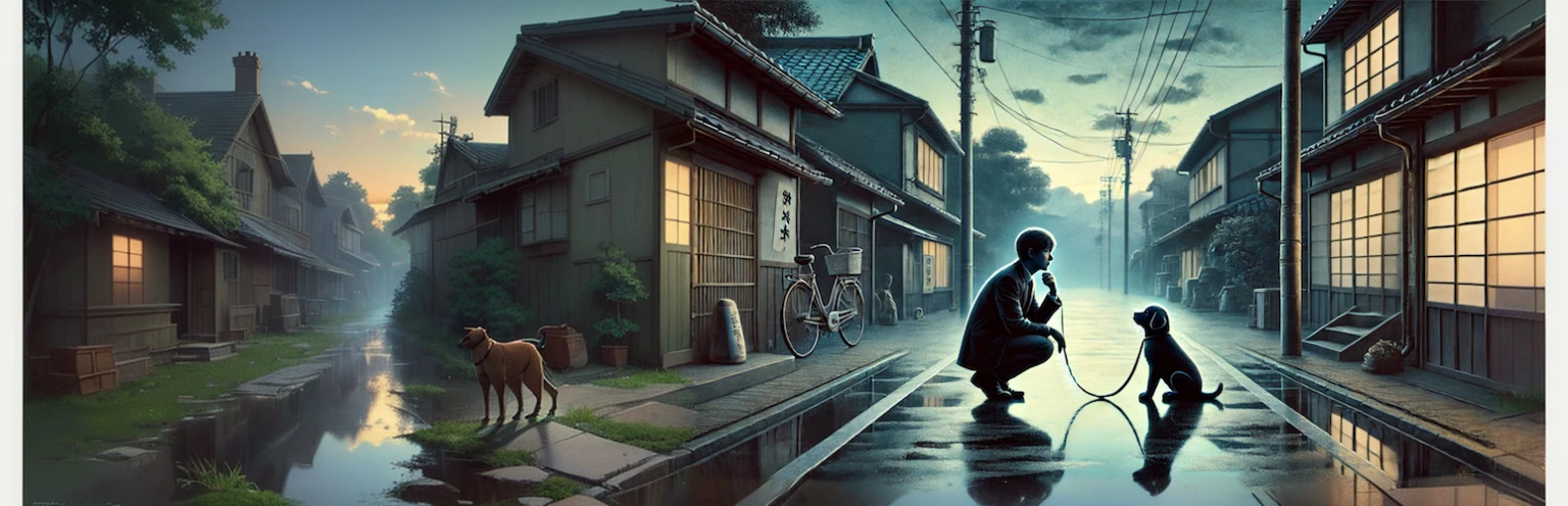 Animated scene of a man kneeling with a dog on a lead, Makoto Shinkai Cyril Rolland, Makoto Shinkai and Tom Bagshaw, Cyril Rolland and Goro Fujita, Kuvisiato, reflection. by Makoto Shinkai, Rob Ray and Kentaro Miura Style, dark. by Makoto Shinkai