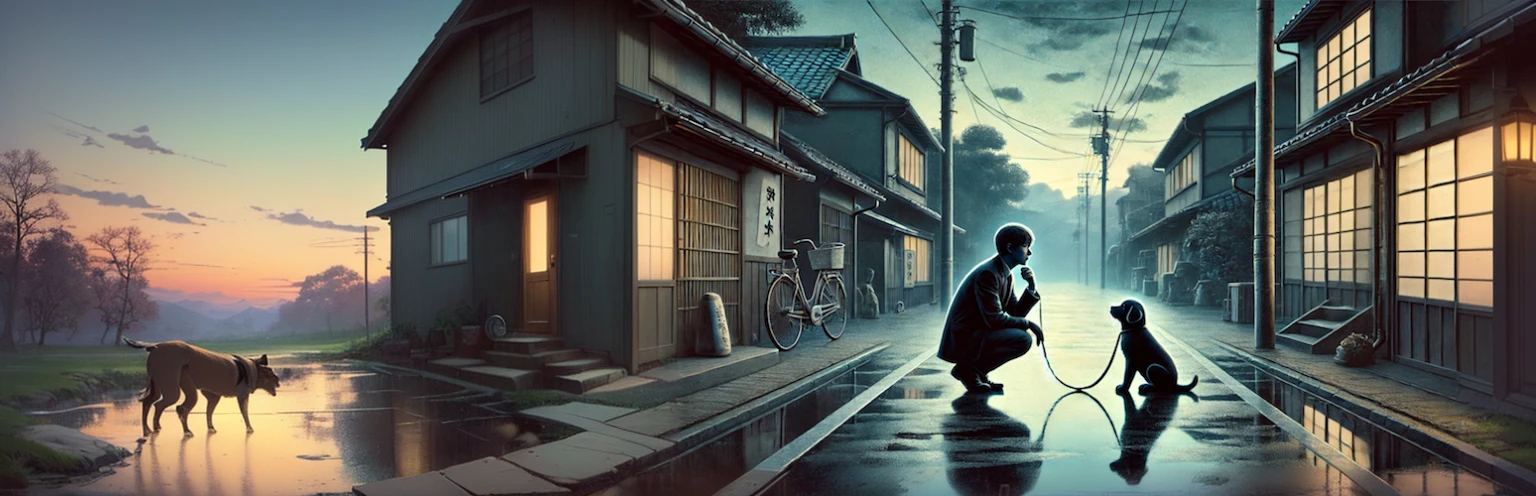 Animated scene of a man kneeling with a dog on a lead, Makoto Shinkai Cyril Rolland, Makoto Shinkai and Tom Bagshaw, Cyril Rolland and Goro Fujita, Kuvisiato, reflection. by Makoto Shinkai, Rob Ray and Kentaro Miura Style, dark. by Makoto Shinkai