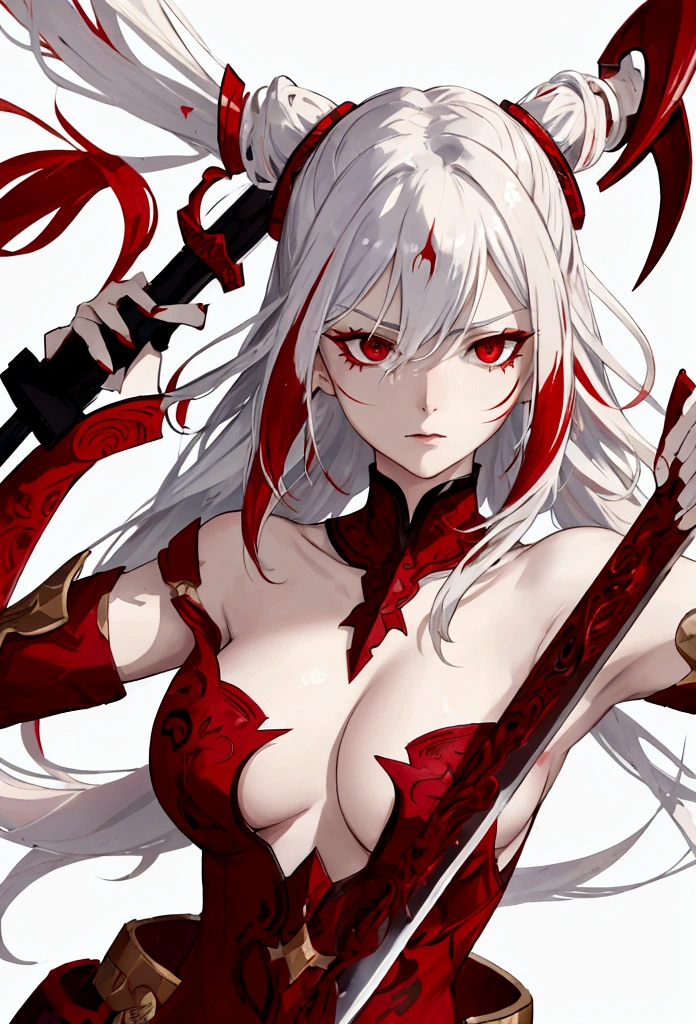 woman with white hair with red streaks, a neutral facial expression, detailed red eyes, holding a large red sword
