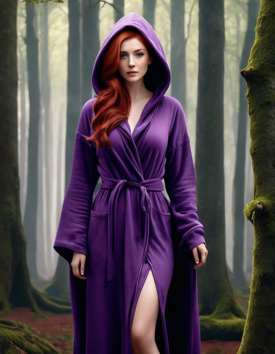 A photorealistic image of a beautiful red-haired woman wearing a hooded purple robe that hangs open at the front, standing in the forest being visited by woodland creatures, long elegant fingernails, 16K, full body, front view, standing, epic detail, epic resolution, big .