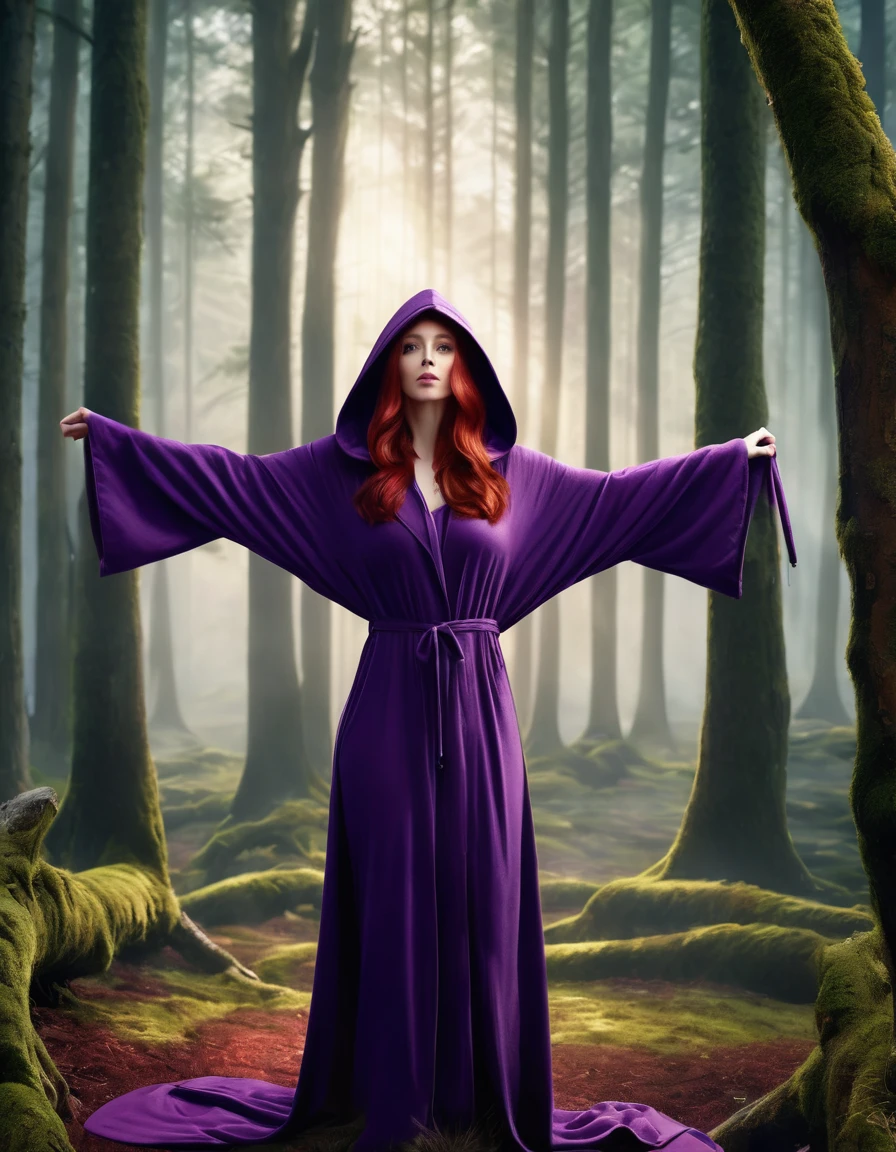 A photorealistic image of a beautiful red-haired woman wearing a hooded purple robe that hangs open at the front, standing in the forest being visited by woodland creatures, long elegant fingernails, 16K, full body, front view, standing, epic detail, epic resolution, big .