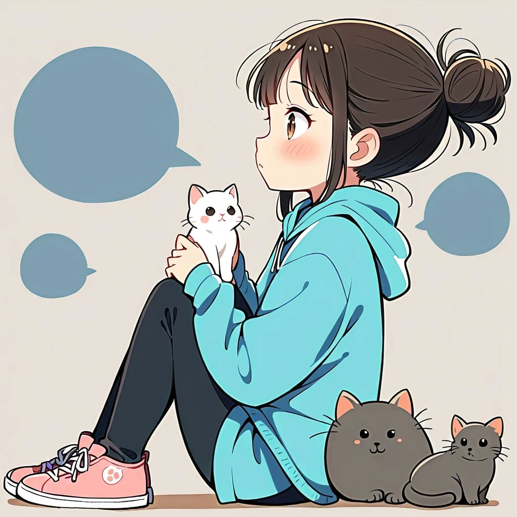 A girl, blushing, with black hair, long sleeves, brown eyes, shoes, pants, a hoodie, hair bun, from the side, hoodie, silhouette, animal, black pants, sitting on the ground, single hair bun, two kittens, one chubby gray and white kitten, and one black kitten, hoodie down, sneakers, pink footwear, blue hoodie, and looking at the kittens.