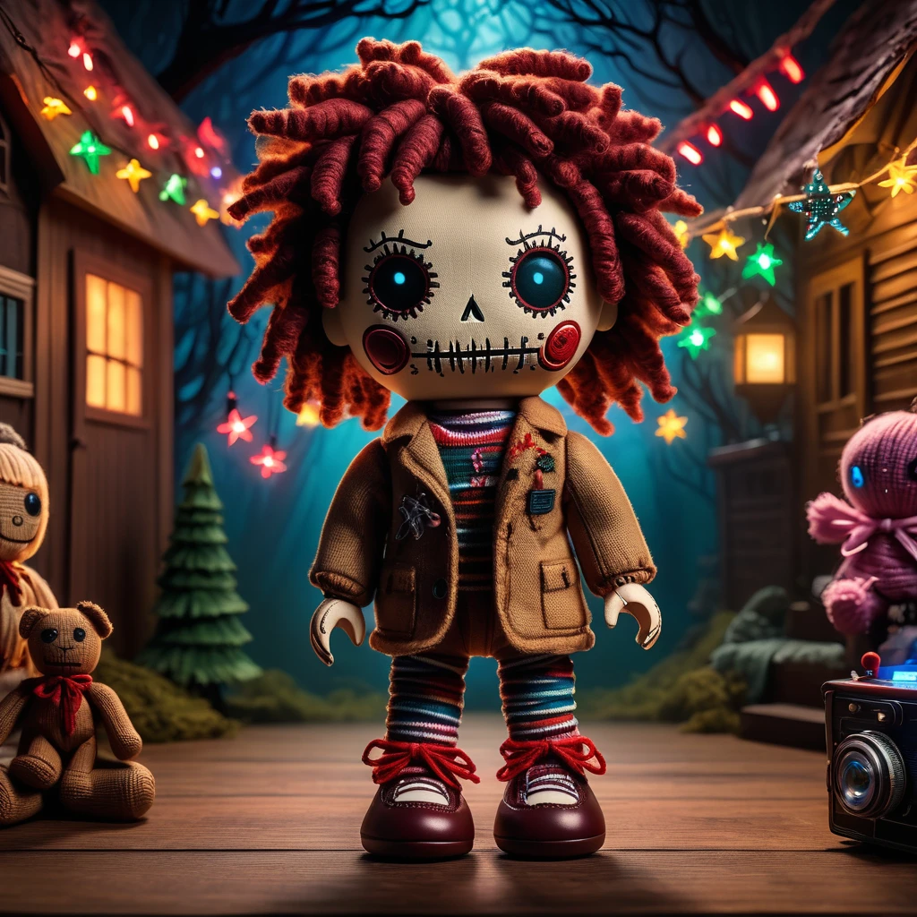 (knitted toy voodoo doll:1.7), (Voodoo Doll in a Stranger Things Setting:1.3), (Clothing: retro 80s attire with a walkie-talkie:1.0), (Accessories: enchanted Christmas lights emitting an eerie glow, floating demogorgon shadows:1.1), (background: eerie small town with dark forests, mysterious labs, and an atmosphere of supernatural suspense:1.2), best quality, masterpiece, detailed soft oil painting, detailed background, dramatic cinematic lighting, soft edge lighting, professional, dramatic lighting, hard edge lighting, ultra quality, 4k,masterpiece, best quality, 8k, ultra highres, highres, extremely detailed