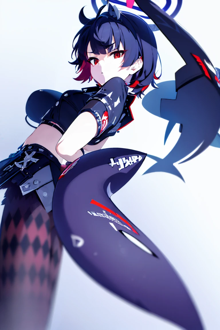 (((halo))), ellen joe, black hair, colored inner hair, multicolored hair, (red eyes:1.3), red hair, short hair, two-tone hair, , black pantyhose, black shirt, black skirt, ear piercing, fins, fish tail, pantyhose, piercing, shark girl, shark tail, shirt, short sleeves, mini skirt, skirt, tail, two-tone hair, wrist cuffs,