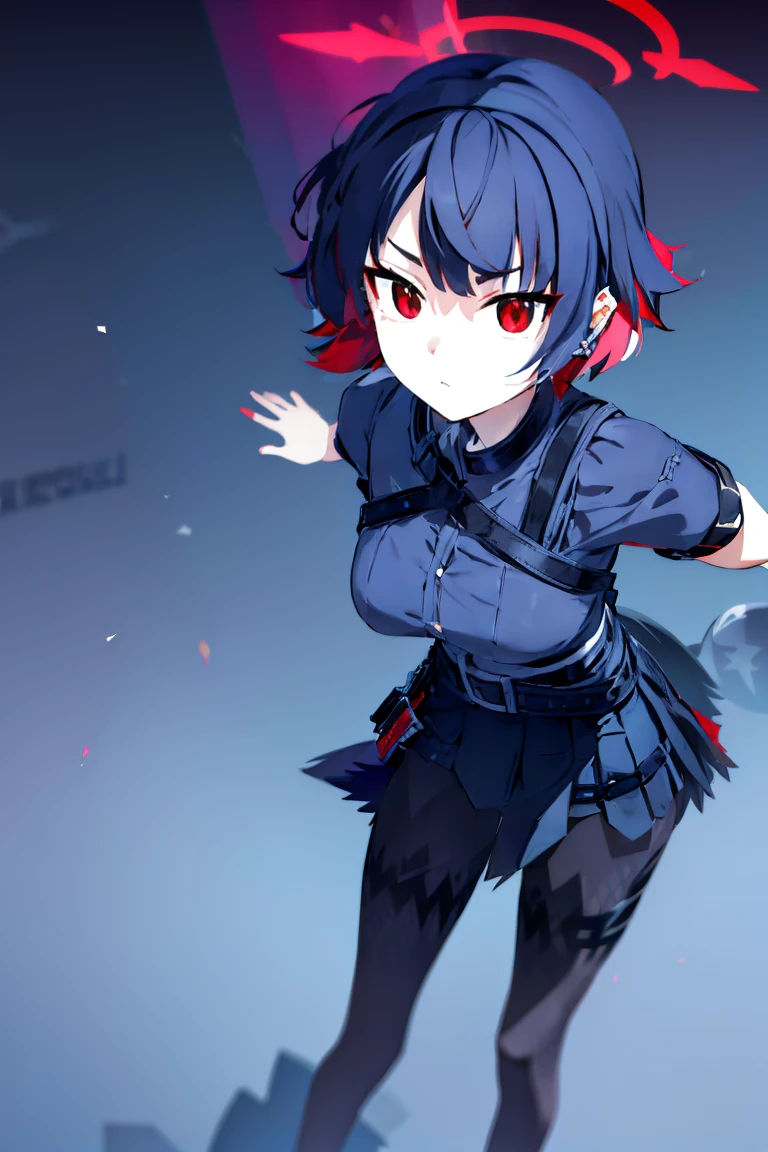 (((halo))), ellen joe, black hair, colored inner hair, multicolored hair, (red eyes:1.3), red hair, short hair, two-tone hair, , black pantyhose, black shirt, black skirt, ear piercing, fins, fish tail, pantyhose, piercing, shark girl, shark tail, shirt, short sleeves, mini skirt, skirt, tail, two-tone hair, wrist cuffs,