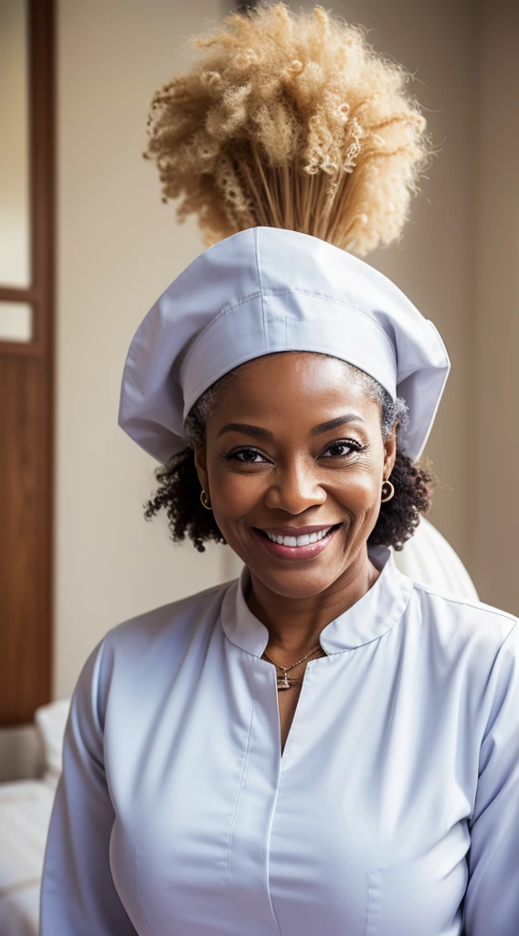 The Mature afro woman. smiling. white nurse jumpsuit. Sexy. Realistic photo. 50/50 1girl. high quality, real photo. 4k.