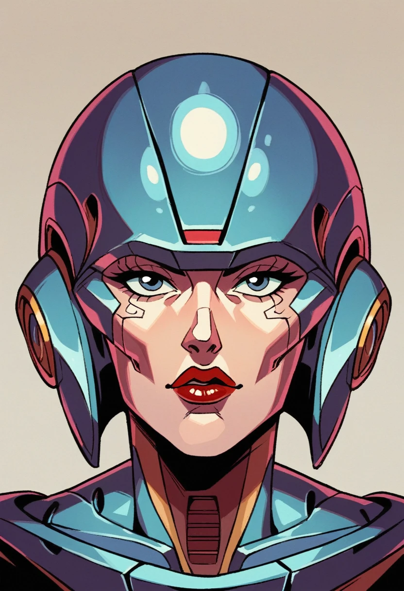 Close-up of a woman wearing a futuristic helmet and red lipstick, Cyberpunk by Jackie Wells, cgsociety 9, style = retrofuturism, beautiful android woman, Portrait of an android woman, retro futuristic fashion, A still from the film "Blade Runner", Cyborg woman in data center, Möbius aesthetics, still from a film about an alien cyborg, depicted as a science fiction scene  