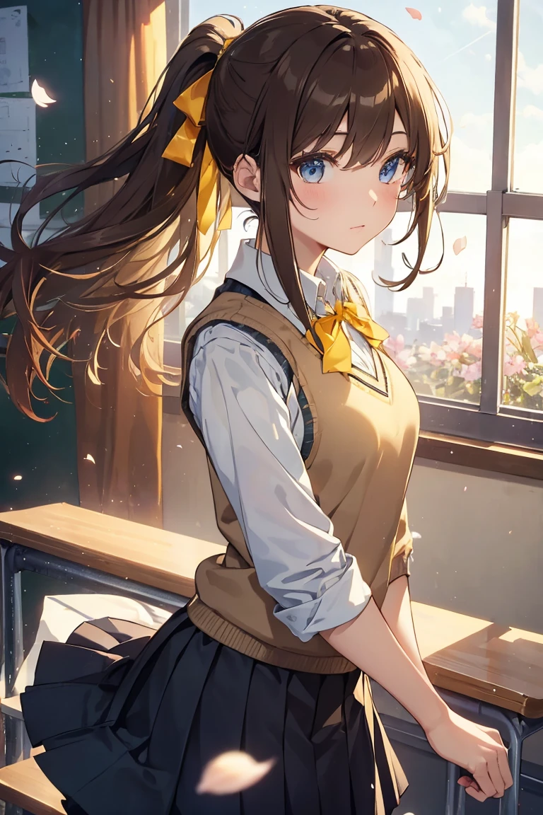 High quality, masterpiece, very high resolution, large size, 4K quality, high quality skin, high quality eyes, full color, digital painting illustration, 1 girl, solo, (pretty girl), 16 years old, 160cm, large medium breasted, (light brown hair), (ponytail and yellow ribbon blowing in the wind), (shiny blue eyes), (school uniform and sweater vest), cowboy shot, classroom, window, petals fluttering in the wind, (beautiful sparkles in detail) ), light particles, film reflection