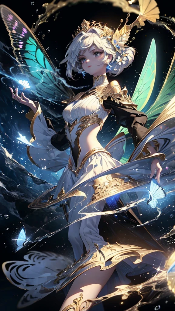 (((Masterpiece))), (((Best quality))), ((Ultra-detailed)),(Highly detailed CG illustration), ((An extremely delicate and beautiful)),Cinematic light, Create stunning fantasy artwork,fairy fantasy,the Flower Fairy,Transparent butterfly wings,Fairy stick,Lots of flowers,Lots of colouring butterflies, A skirt blown by the wind,Fluttering strands of hair,Side Body,ventania:1.3,dyna,brightly colored,Exudes an aura of mystery and magic. Pay close attention to intricate facial features, For example, mesmerizing eyes,smile,brightly,perfect body feature, The character's clothes should be designed to be as light as the wings of a cicada, Subtle iridescent details. Blend in with fantastic colors, Dynamic lighting, and detailed background elements,Consider the latest trends in fantasy art, such as incorporating unique lighting effects, Explore dynamic and engaging composition techniques, And try a unique color palette. Take inspiration from top artists on ArtStation and Midjourney. camera: Choose an angle that highlights the beauty of your character,Enhance the magical majesty of the artwork. lighting: Use atmospheric lighting technology to create depth and atmosphere. Resolution: Aim for high-resolution artwork,to showcase intricate detail and clarity. Artistic inspiration: Get inspiration from popular artists on ArtStation, Explore different styles, looking at the view