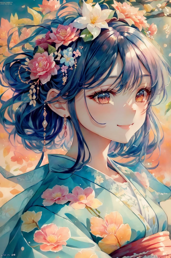 anime smiling girl with blue hair and flower crown, beautiful anime portrait, anime style 4 k, detailed portrait of anime girl, stunning anime face portrait, anime art wallpaper 4k, anime art wallpaper 4 k, beautiful anime artwork, beautiful anime girl, detailed digital anime art, anime art wallpaper 8 k, beautiful anime art, beautiful anime art style, cute anime girl portrait