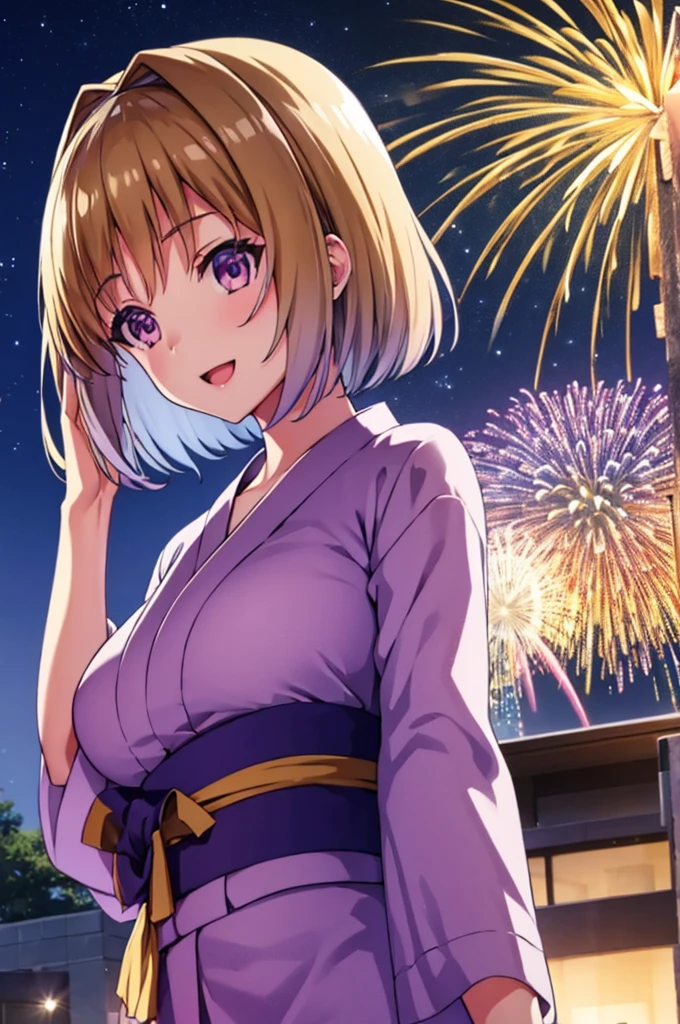 (masterpiece:1.3), (best quality:1.1), (8k, ultra detailed, ultra high res:1.3), ((anime style)), (perfect 5 fingers, perfect anatomy:1.1), 
1girl,
Kushida Kikyou, smile, open mouth, 
BREAK short hair, bronze hair, purple eyes, yukata, 
BREAK large breasts, looking at viewer, (cowboy shot:1.1), BREAK detail background, outdoor, outside, (floral pattern yukata:1.1), (late night:1.2), sky, (fireworks in night sky:1.2), (night sky:1.1), big fireworks, 