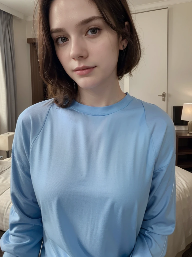 Selfie, Ultrarealistic, (pale skin), dark brown hair, blue long sleeve top, upper body, hotel room, (selfy with front camera)