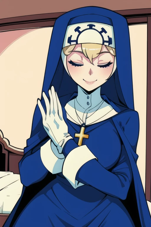 Double, short blonde hair, medium breasts, solo, smiling, cowboy shot, closed eyes, 
 blue habit, cross necklace ,white gloves, long sleeves, nun, long skirt
(insanely detailed, beautiful detailed face,beautiful detailed eyes, masterpiece, best quality) room, bedroom, sexy pose, cloak, cape