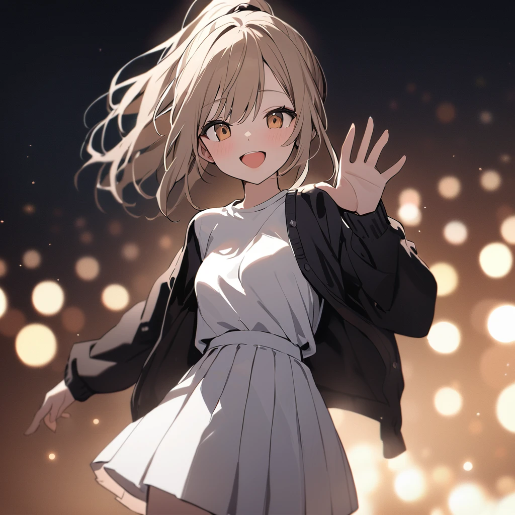 Masterpiece, Top Quality, Color, Linear, Young Woman, Solo, 20 Years Old, Flat Breasts, Single, Ponytail, Light Brown Hair, Dazzling, Black Cardigan, White T Shirt, Long White Skirt, Grinning, Standing, Waving, Open Eyes, Looking At Viewer, Open Mouth, Front View, White Background, Simple Background, Shallow Depth Of Field, Ambient Light, High Detail, High Budget, Bokeh, Cinemascope, Moody, Epic, Gorgeous Film Grain, Grainy