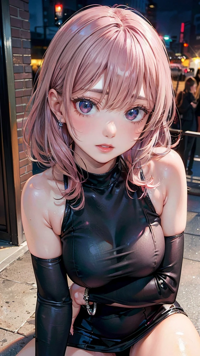 (Masterpiece, BestQuality:1.3), (ultra detailed:1.2), (hyperrealistic:1.3), (RAW photo:1.2), High detail RAW color photo, professional photograph, (Photorealistic:1.4), (realistic:1.4), (Pink Hair:1.5), professional lighting, perfect anatomy, (Big Breasts:1.2), (blush, detailed face), (A happy smile:1.7), sexly, erotic sexly, Random sexy gravure poses, (Beautiful woman in a tight black mini dress、Silver bracelet、The background is the New York night view、Raise one leg with a provocative look。:1.3)