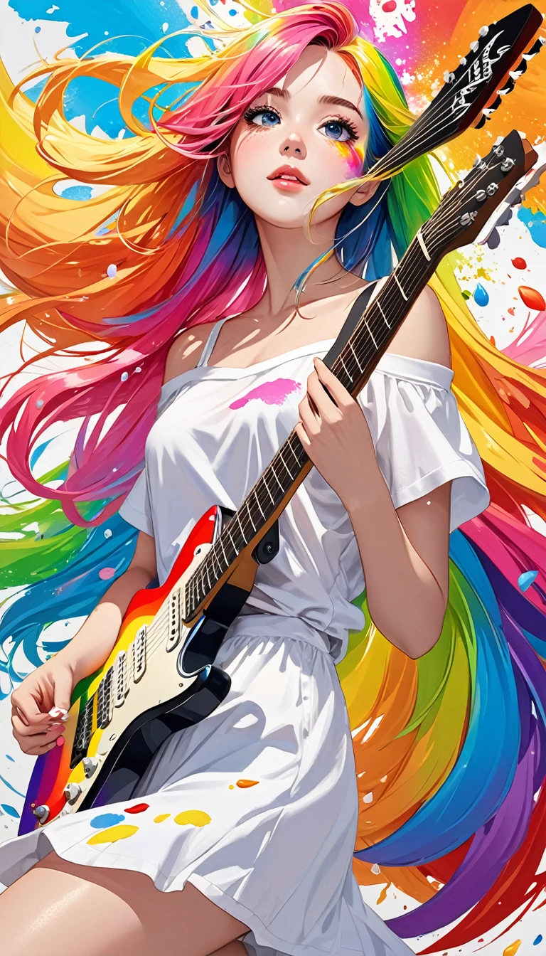 (Pink Fashion T-shirt:1.9),(((playguitar: 2.0)))), (Colorful hair: 1.8), (all the colours of the rainbow: 1.8),(((((vertical painting:1.6))), (painting:1.6),front, comics, illustrations, paintings, large eyes, crystal clear eyes,( rainbow color gradient high ponytail:1.7), exquisite makeup, closed mouth,(Small Fresh: 1.5),(Wipe Chest: 1.6) ,long eyelashes, white off shoulder T-shirt, White Shoulder Shirt,looking at the audience, large watery eyes, (rainbow colored hair:1.6), color splash, (solo:1.8), color splash, color explosion, thick paint style, messy lines, ((shining)),(colorful), (colorful), (colorful), colorful, Thick Paint Style, (Splash) (Color Splash), Vertical Painting, Upper Body, Paint Splash, Acrylic Pigment, Gradient, Paint, Highest Image Quality, Highest Quality, Masterpiece, Solo, Depth of Field, Face Paint, colorful clothes, (Elegant: 1.2), gorgeous,long hair, wind, (Elegant: 1.3), (Petals: 1.4),(((masterpiece))),(((best quality))),((ultra-detailed)),(illustration),(dynamic angle),((floating)),(paint),((disheveled hair)),(solo),(1girl) , (((detailed anima face))),((beautiful detailed face)),collar,bare shoulders,white hair, ((colorful hair)),((streaked hair)),beautiful detailed eyes,(Gradient color eyes),(((colorful eyes))),(((colorful background))),(((high saturation))),(((surrounded by colorful splashes))),