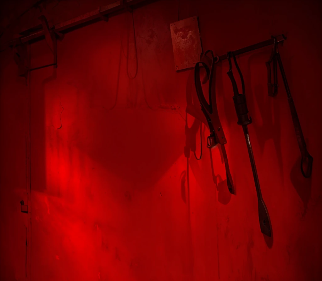 indoors,Old walls,{{red theme}},{dim},dungeon,SM tools hanging on the wall