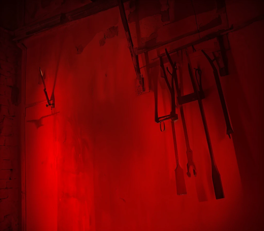 indoors,Old walls,{{red theme}},{dim},dungeon,SM tools hanging on the wall