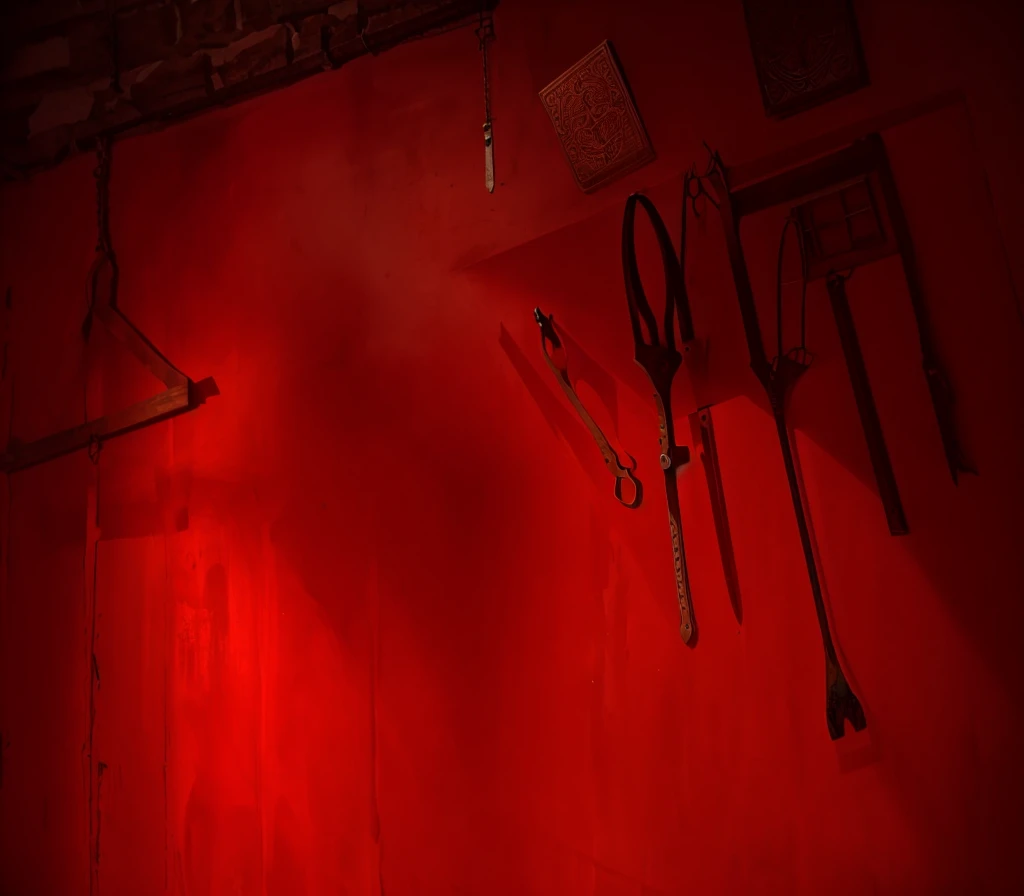 indoors,Old walls,{{red theme}},{dim},dungeon,SM tools hanging on the wall