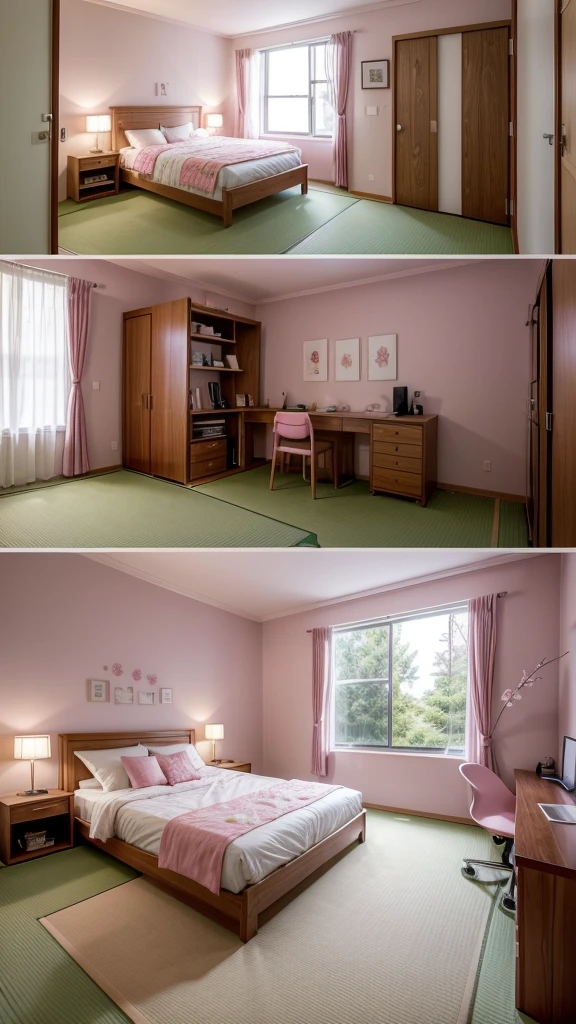 Create the image of a room with Japanese but modern elements and sakura details on the wall. a closet, a bed, a study table with a computer, pink carpet, pink sheets, a large window, all made of wood and looking like a student dormitory, finally a table sits on the floor in the center.