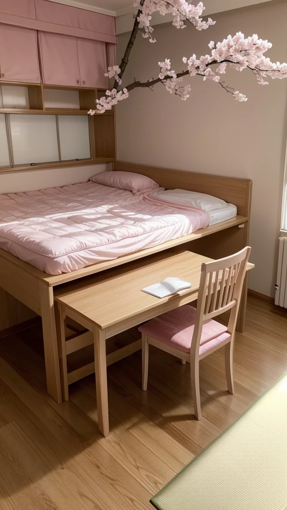 Create the image of a room with Japanese but modern elements and sakura details on the wall. a closet, a bed, a study table with a computer, pink carpet, pink sheets, a large window, all made of wood and looking like a student dormitory, finally a table sits on the floor in the center.