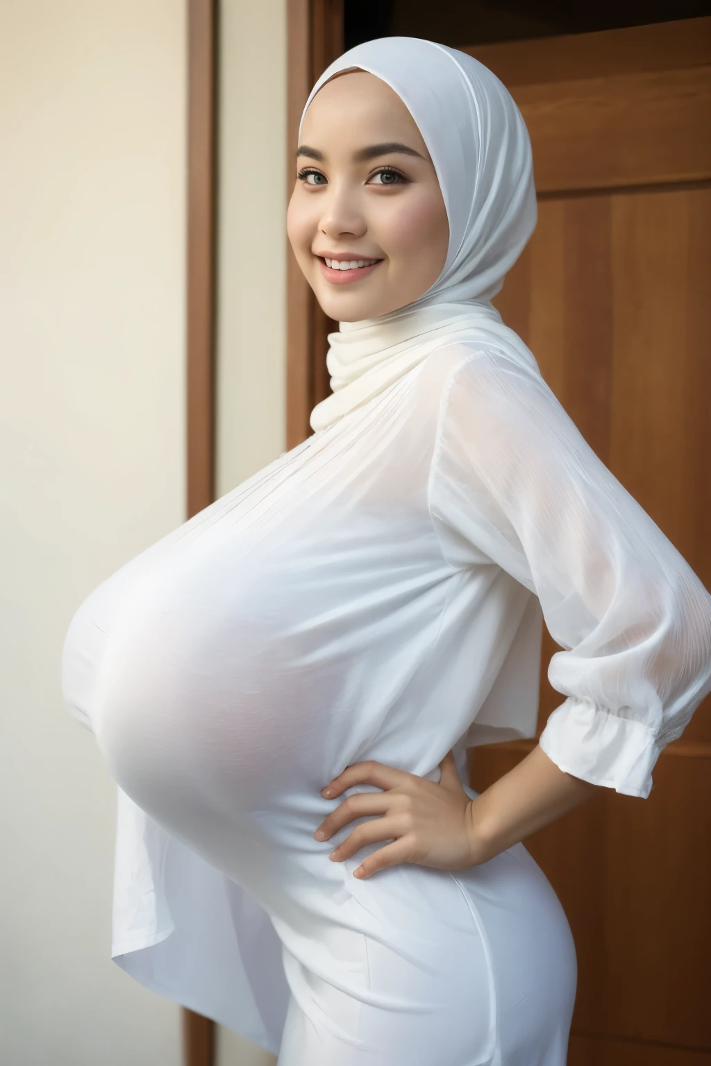 Bbw fat chubby, (Sexy lingerie night dress), Naked Chubby adorable, 1 girl, (face to face), , baby face, happy, half body portrait, (face details: 1), (eye details: 1), ((big breasts)). wearing transparent transparency soft soft long shirt, hijab, .. Cute posed. proportional body. Ultra High Res. realistic: 1.4, UHD, (floral pattern), view from side seductive pose