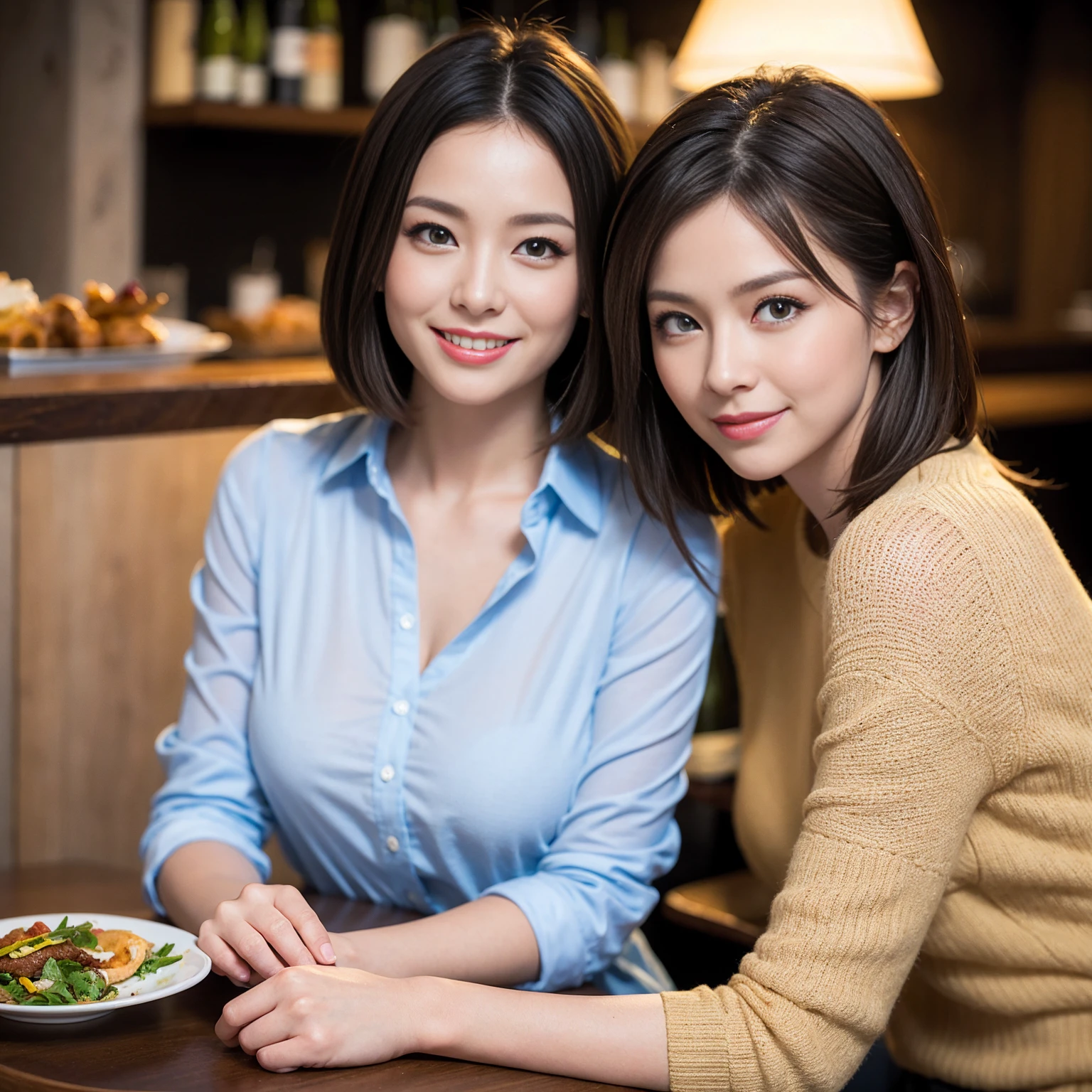 ((Highest quality、8K、masterpiece:1.3))、slimカップル、modelカップル、(Realistic, Intricate details:1.2), full-course dinner、Wine Party、Amazing view of the sunset sky and clouds、A bright smile、The wonderfulness of smile、Bright image、The beauty of wine, Beautiful Face, blue eyes, The light shines on your face, Blushing, short hair,Bright Face、 (Age 37), 39 years old, red wine 、Appetizers、Italian food、Wine bottle、Champagne、sparkling wine、Two beauties、Brown Hair、Shortcuts、Long sleeve shirt、dress、Beautiful woman 1, (slimな顔), (The body is slim), (Brown Hair), (Shortcuts), cheeks turn a little red,Attractive beauty、restaurant, In a prominent place (From the waist up) Nova Frog Style, actress, model, Upper Body, White wine, slim, wine glass, 中央に置かれたwine glass, smile, (smile: 1.15), Beautiful fine grain, Depth f/2,saturation, High Contrast, Strong light and shadow,Moist Body:1.5、3D texture、Delicate eyes、Brown Hair、The hair is very shiny、