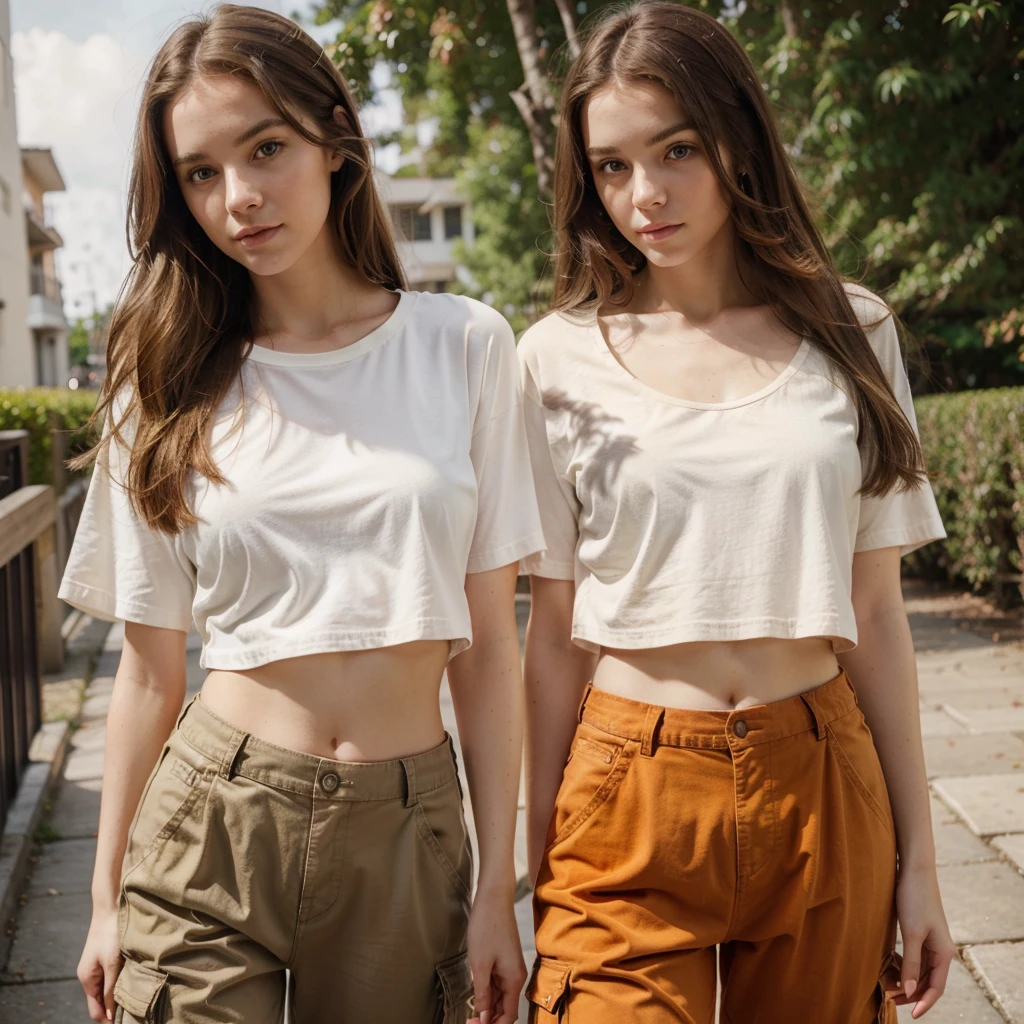 A beautiful young woman, in her late 20's, pale white skin, long light brown hair, orange eyes, wearing loose fitting brown cargo pants, wearing a red cropped t-shirt