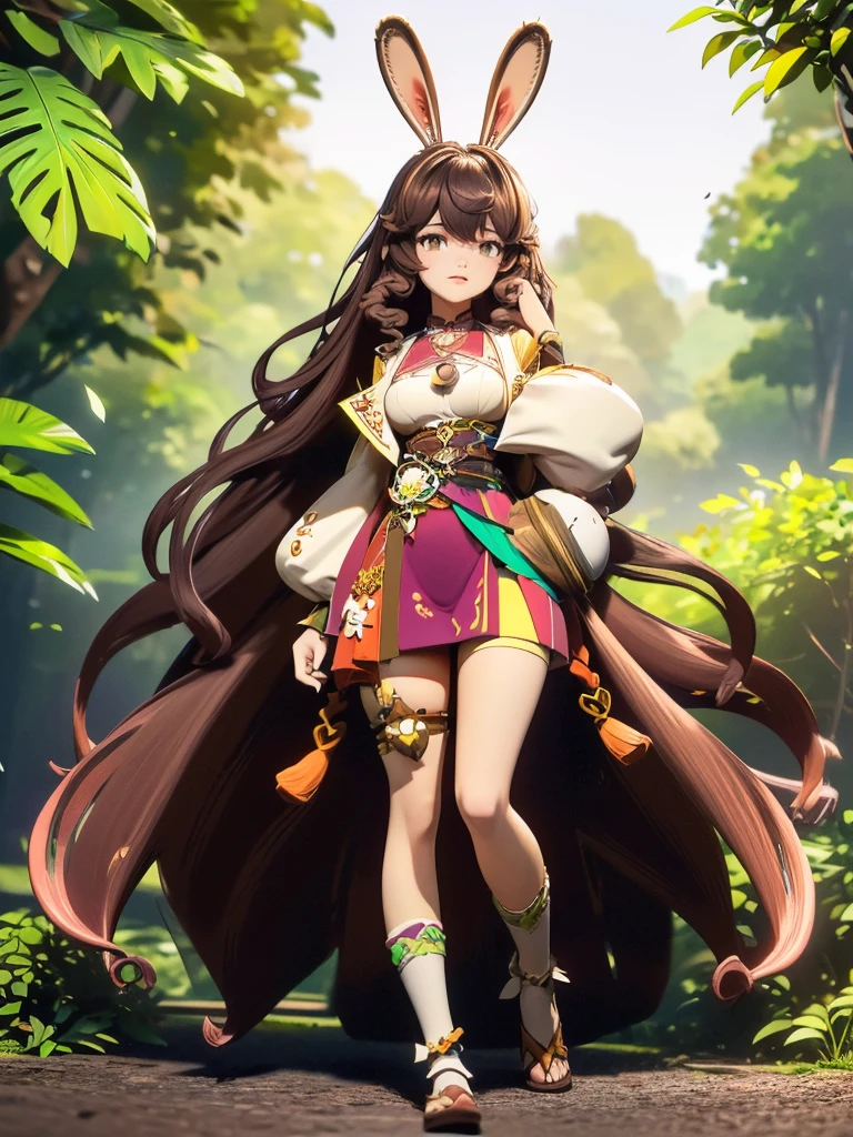 hair divided on half, Seizo Watase style, Simple Line Initialism，Abstract art, 3d character, colorful hearts ,(((The most beautiful girl of all time))),  (full body 1.2), only girl, very long hair, jungle background, 17 year old, full body, (((8k))), (((3d)), dark brown hair, mane of white rabbit ears