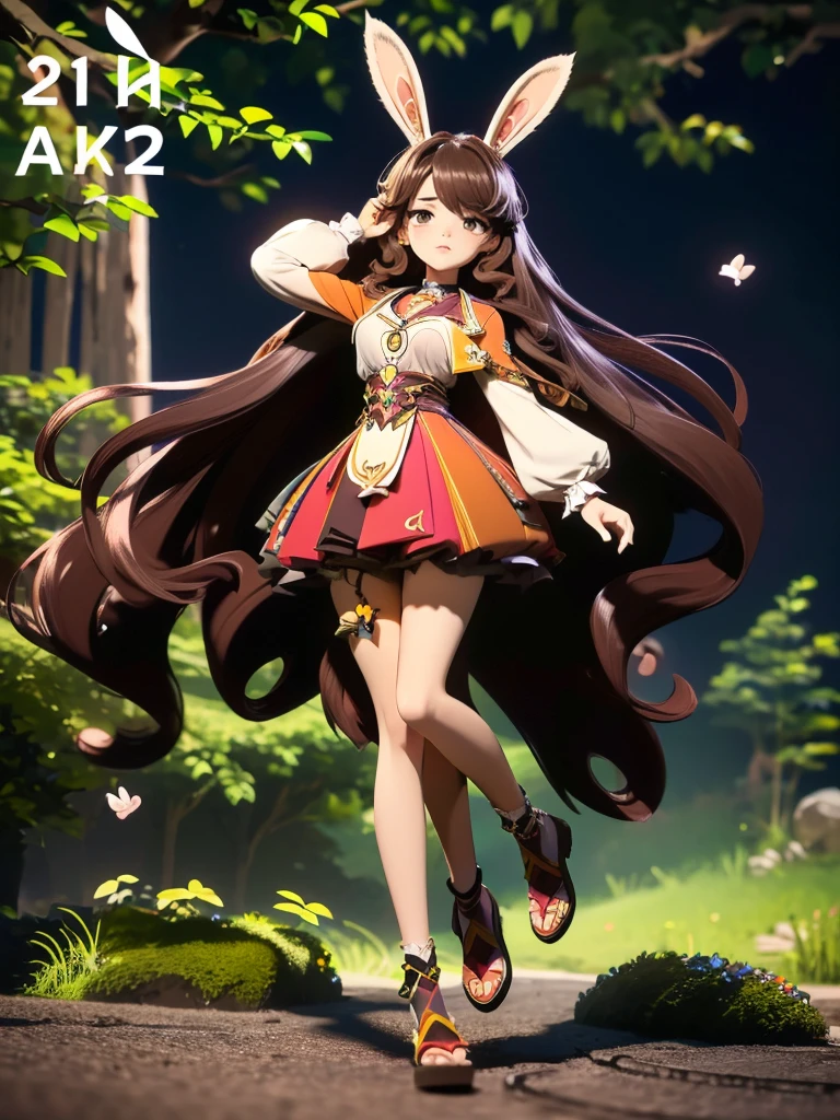 hair divided on half, Seizo Watase style, Simple Line Initialism，Abstract art, 3d character, colorful hearts ,(((The most beautiful girl of all time))),  (full body 1.2), only girl, very long hair, jungle background, , full body, (((8k))), (((3d)), dark brown hair, mane of white rabbit ears