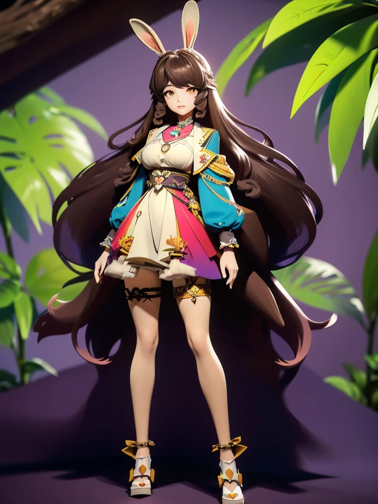 hair divided on half, Seizo Watase style, Simple Line Initialism，Abstract art, 3d character, colorful hearts ,(((The most beautiful girl of all time))),  (full body 1.2), only girl, very long hair, jungle background, , full body, (((8k))), (((3d)), dark brown hair, mane of white rabbit ears