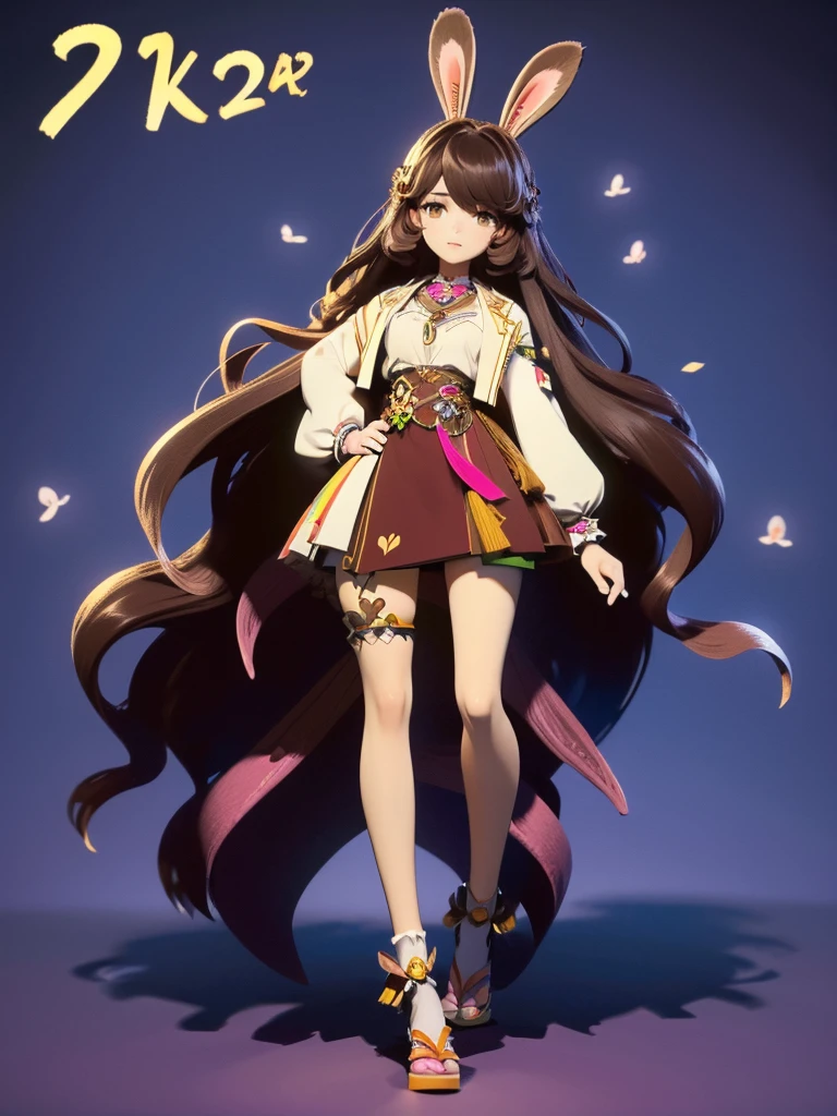 hair divided on half, Seizo Watase style, Simple Line Initialism，Abstract art, 3d character, colorful hearts ,(((The most beautiful girl of all time))),  (full body 1.2), only girl, very long hair, jungle background, 17 year old, full body, (((8k))), (((3d)), dark brown hair, mane of white rabbit ears