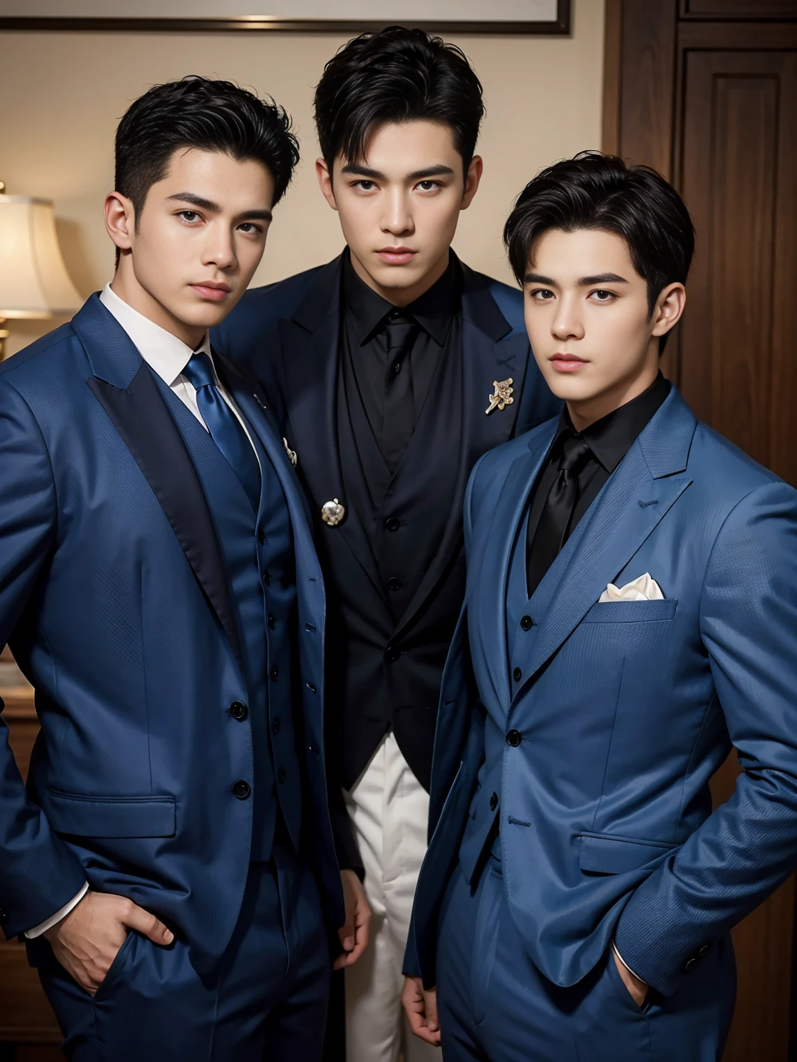 ((masterpiece)),((best quality)),8K,high detail,Very detailed, Very manly，3 men, like，fashion pose, Realistic skin texture, Light,
Royal blue style couple