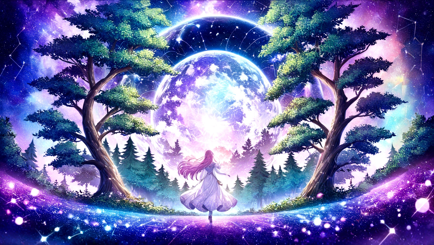 beautiful girl, A captivating cosmic view featuring a constellation shaped like a mystical forest, with intricate patterns in enchanting tones of purples, pinks, and whites. best quality, masterpiece, ultra-detailed, 8k, depth of field, cinematic composition, Light Celestial radiance, with the vibrant hues