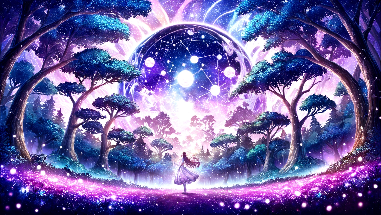 beautiful girl, A captivating cosmic view featuring a constellation shaped like a mystical forest, with intricate patterns in enchanting tones of purples, pinks, and whites. best quality, masterpiece, ultra-detailed, 8k, depth of field, cinematic composition, Light Celestial radiance, with the vibrant hues